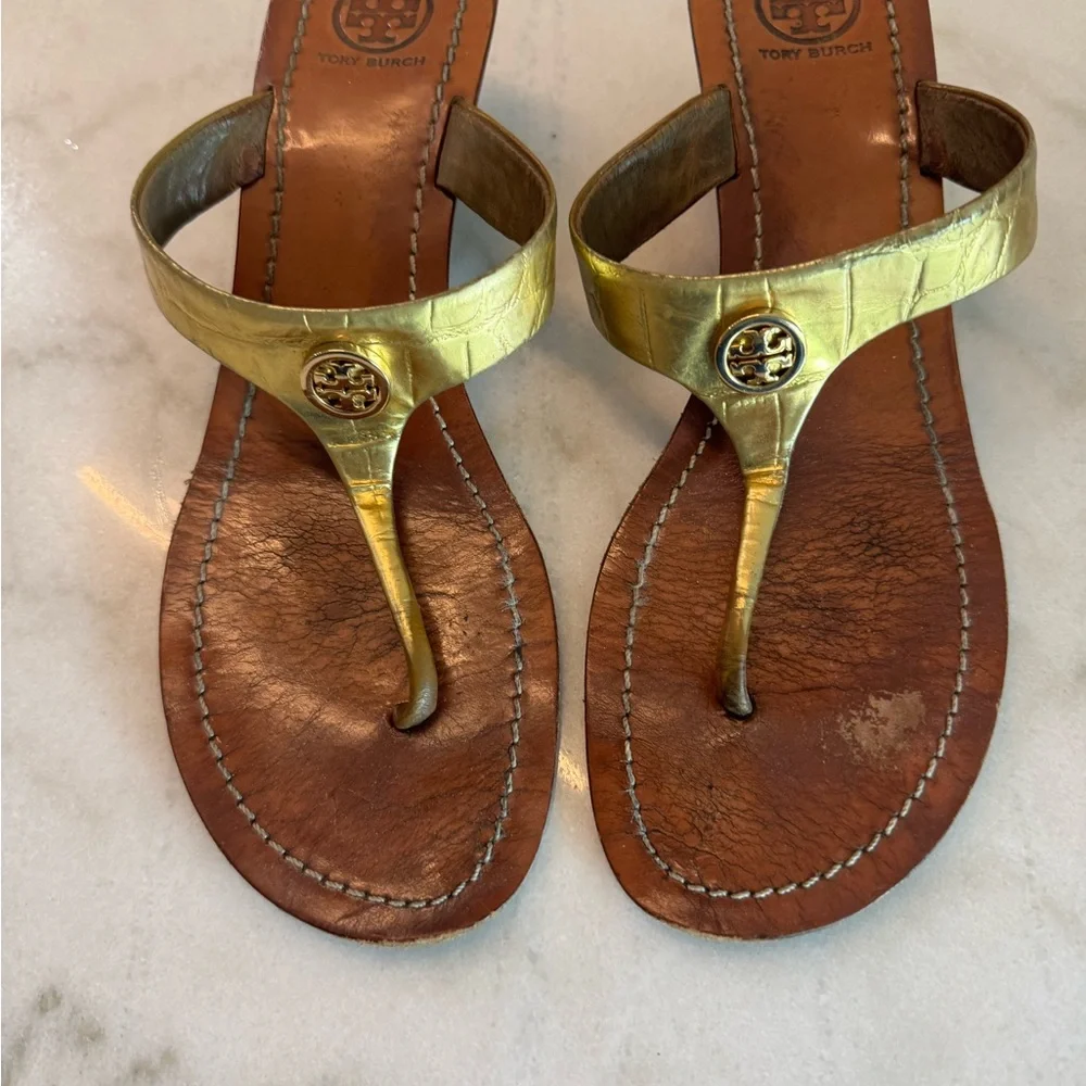 Tory Burch Metallic Gold Leather Thong Sandals
